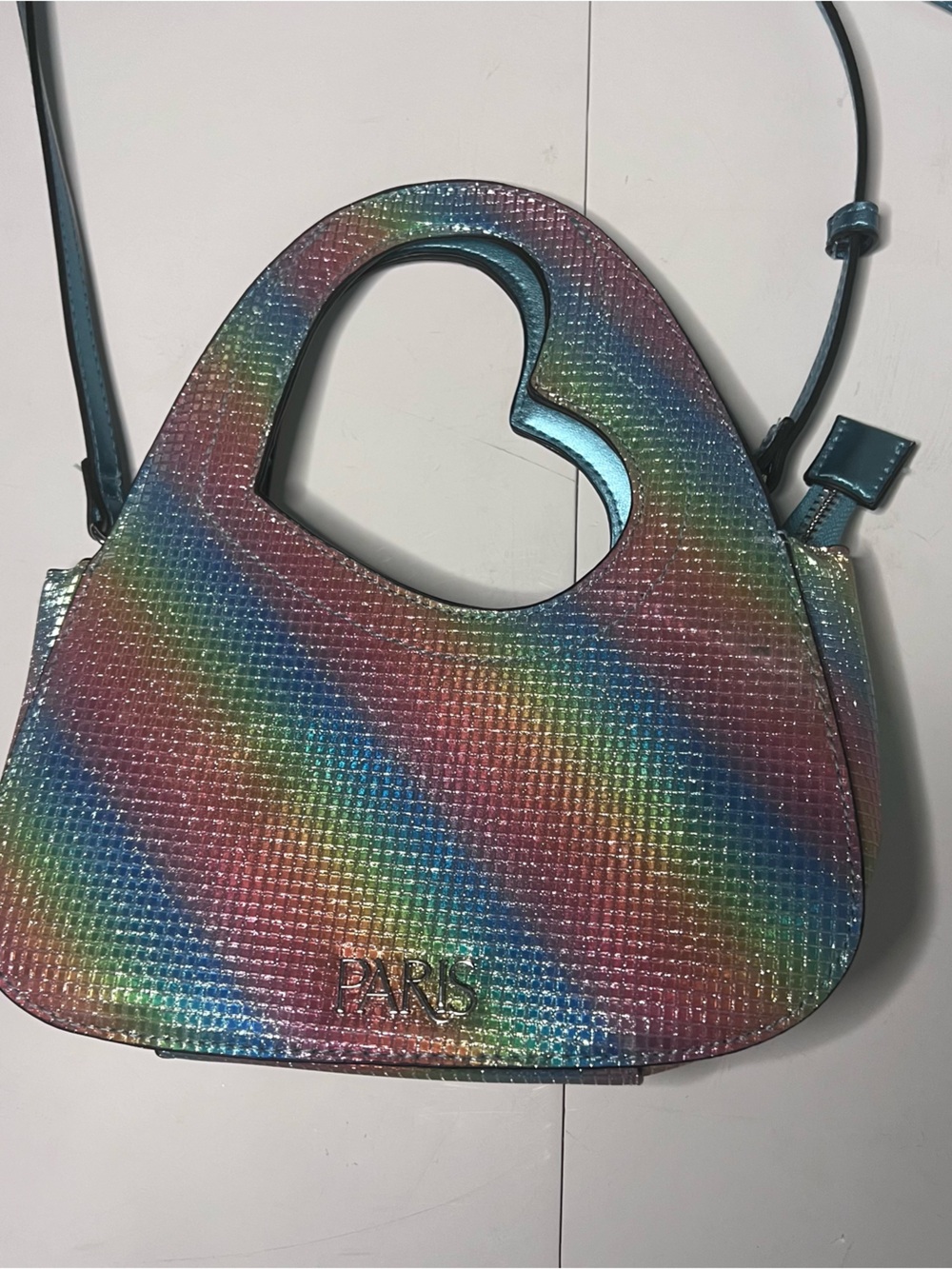 Paris Hilton Iridescent Rainbow Heart-Handle Mini Bag with Teal Trim